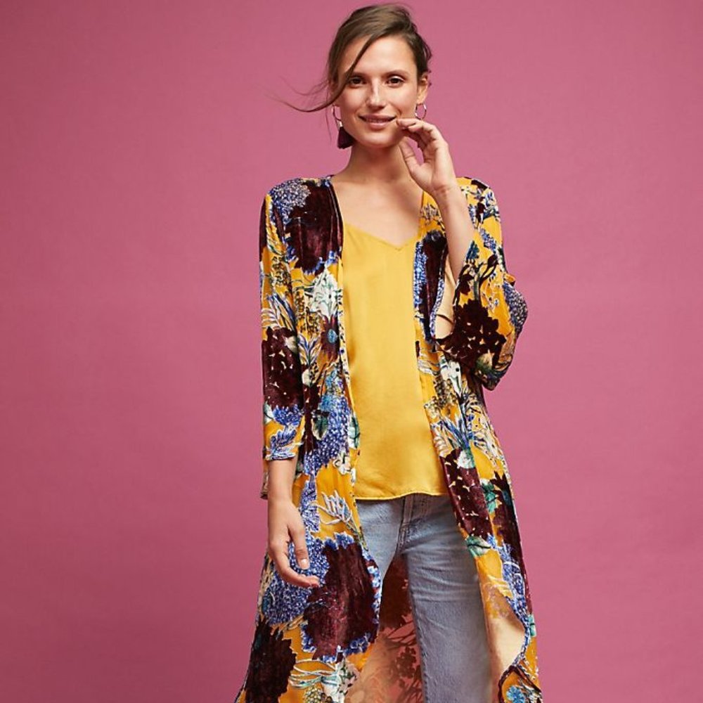 Anthropologie Aurelia Yellow Velvet Floral Kimono